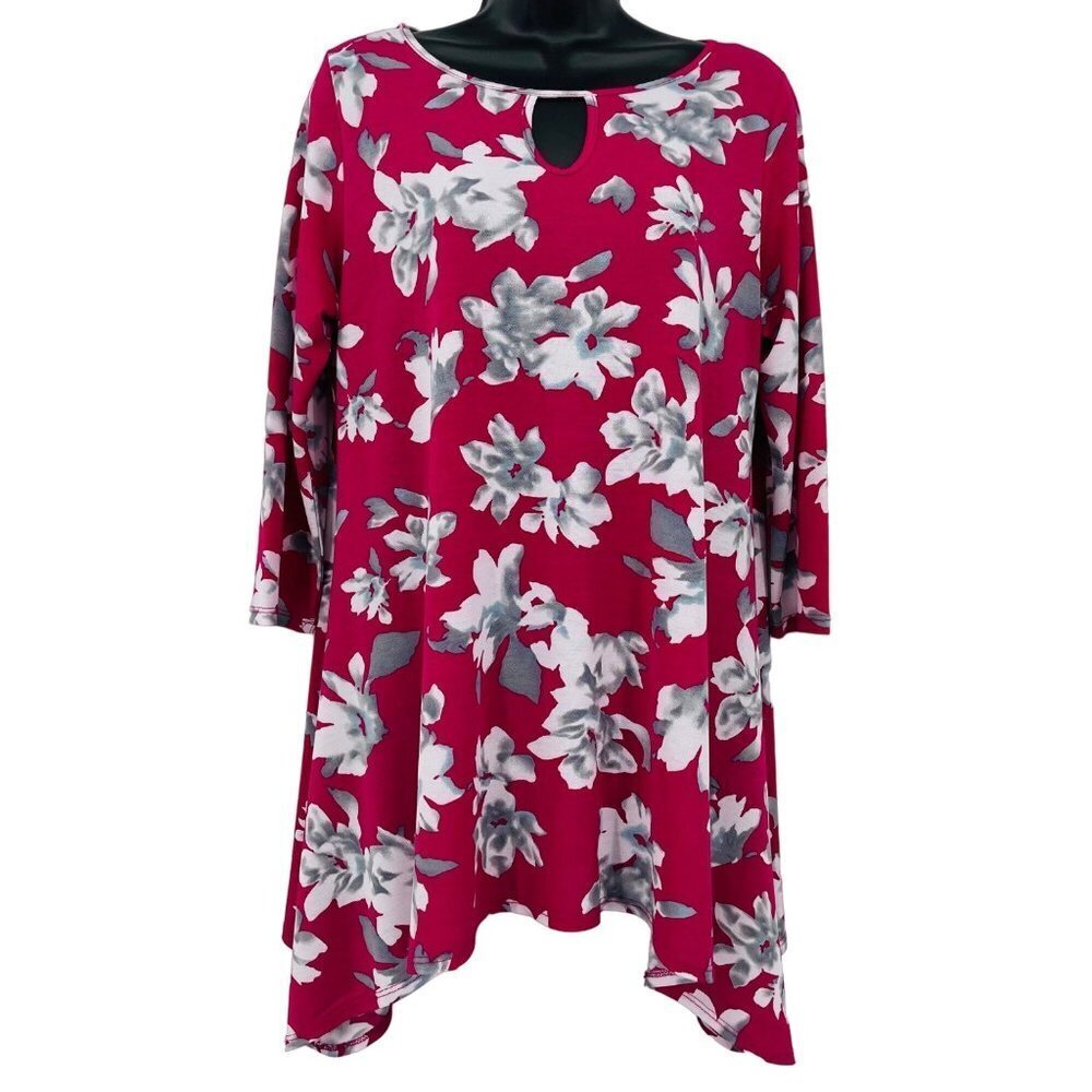 Clara Sun‎ Woo Women's Floral 3/4 Sleeve Tunic Top Size S Shark Bite Hem